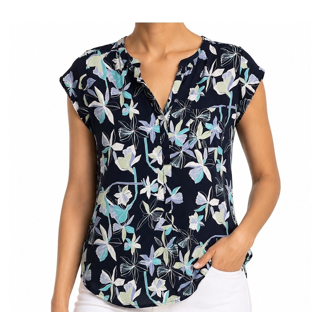 Liz Claiborne Navy Floral Cap Sleeve Blouse Split Neck Top Blue Green M